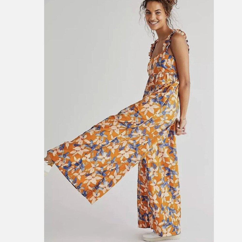NWT Free People Katya Floral Printed Orange Wide Leg Jumpsuit Playsuit S